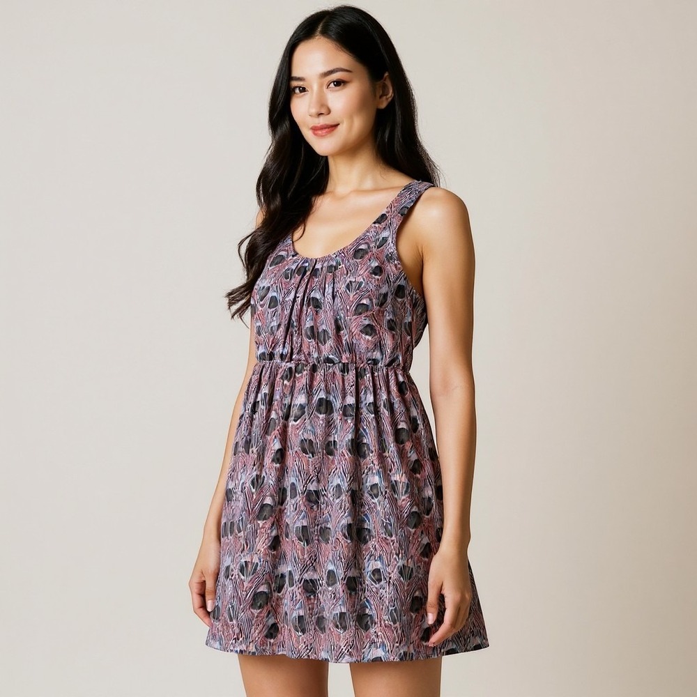 Forever 21 Pink Peacock Feather Print Sleeveless Mini Dress Size L Boho Summer